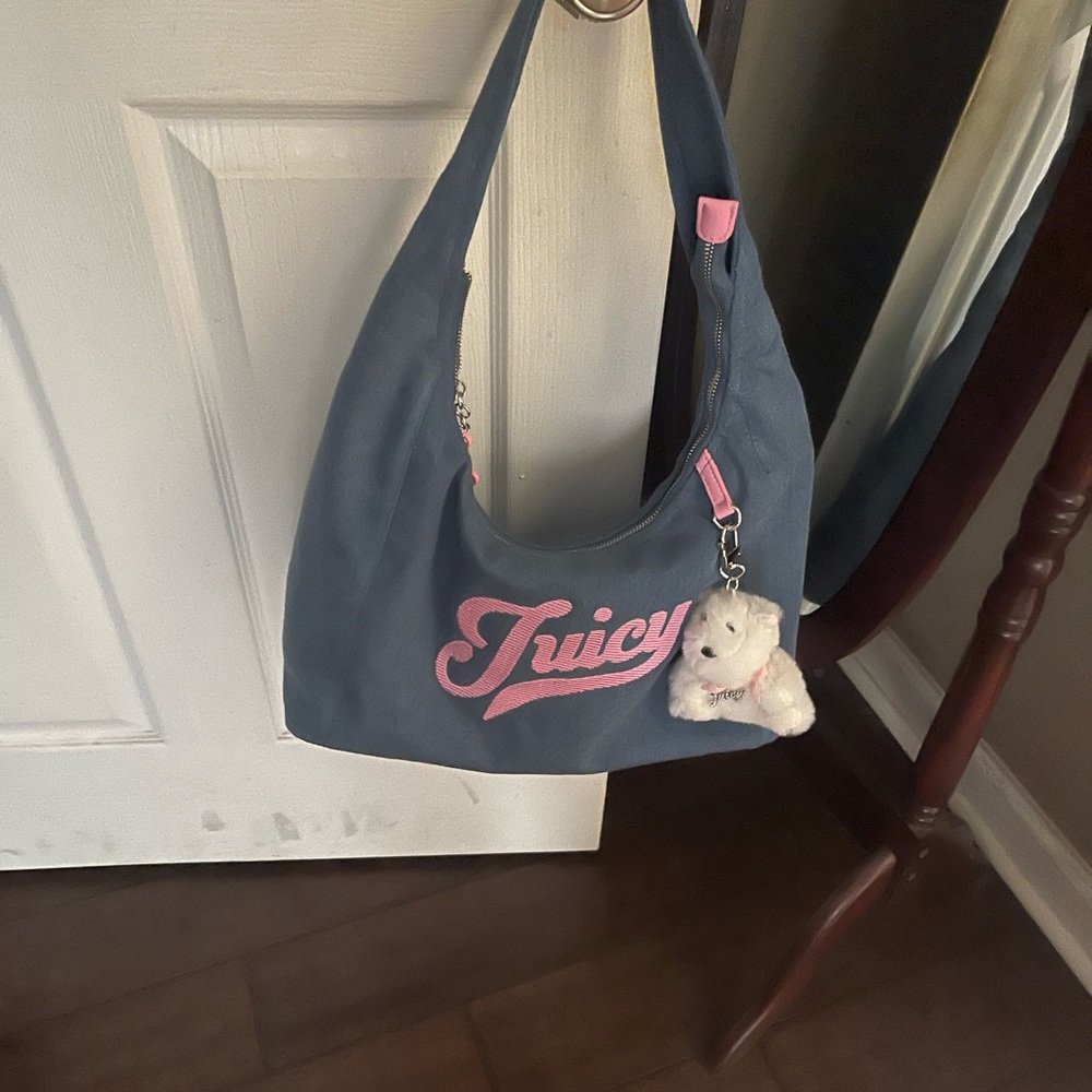 Juicy Couture Navy Shoulder Bag with Pink Logo and Teddy Charm